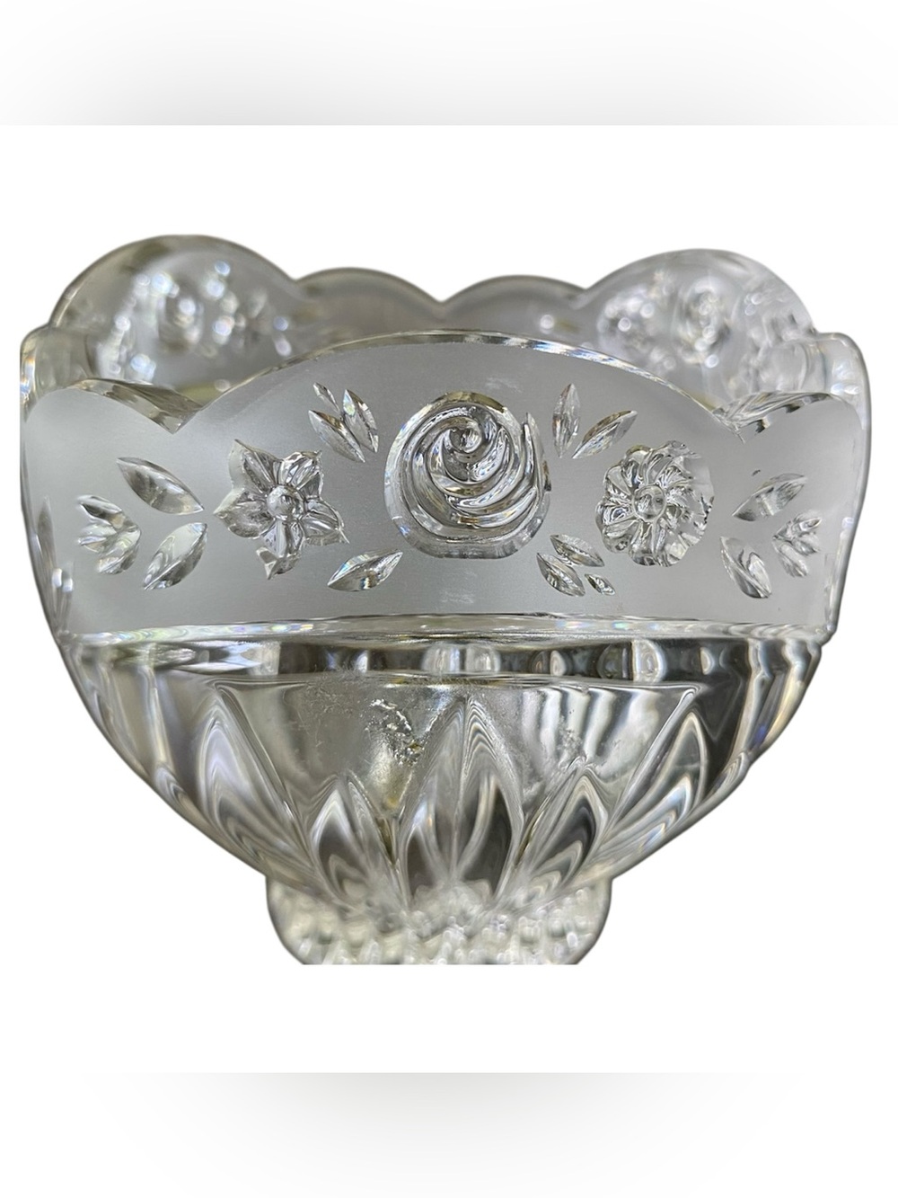 Oneida Southern Garden Crystal Frosted Rose Scalloped Edge Candy Dish Germany